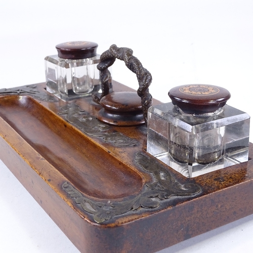 157 - A Victorian mahogany desk stand, with brass serpent design handle, and original cut-glass inkwells w... 