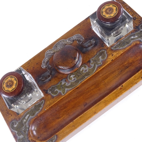 157 - A Victorian mahogany desk stand, with brass serpent design handle, and original cut-glass inkwells w... 