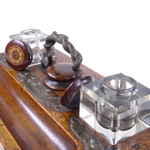 157 - A Victorian mahogany desk stand, with brass serpent design handle, and original cut-glass inkwells w... 