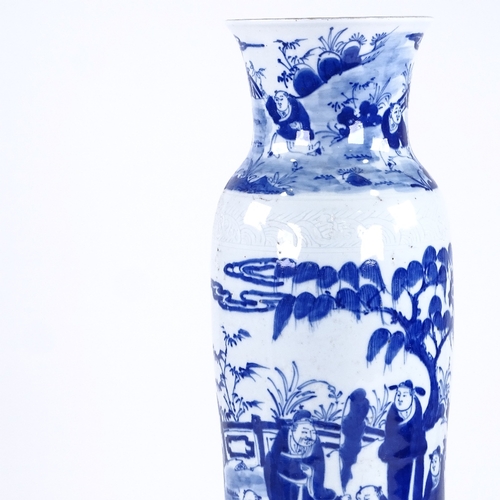 167 - A Chinese blue and white porcelain sleeve vase, hand painted decoration, figures in gardens, height ... 