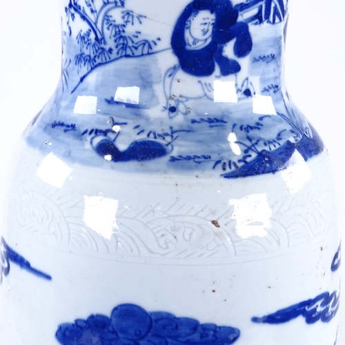 167 - A Chinese blue and white porcelain sleeve vase, hand painted decoration, figures in gardens, height ... 