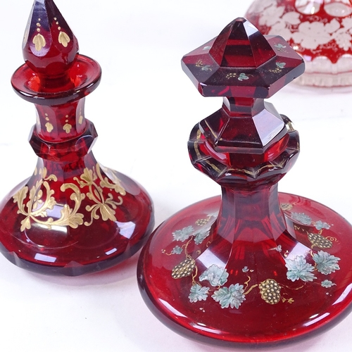 171 - 3 19th century ruby glass and Bohemian overlay glass perfume bottles and stoppers, largest height 17... 