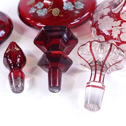 171 - 3 19th century ruby glass and Bohemian overlay glass perfume bottles and stoppers, largest height 17... 