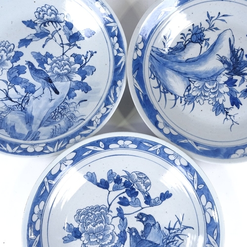 176 - A set of 3 Chinese blue and white porcelain bowls, hand painted bird decoration, diameter 30cm