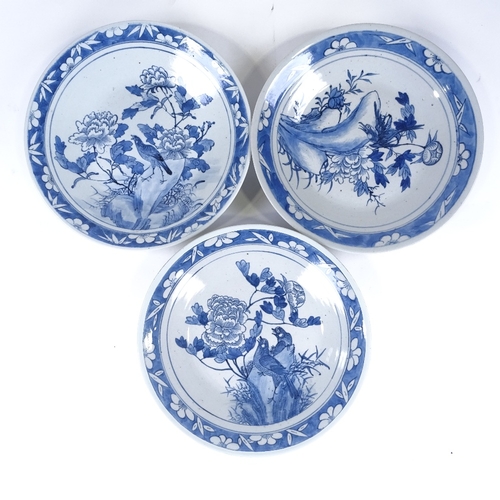 176 - A set of 3 Chinese blue and white porcelain bowls, hand painted bird decoration, diameter 30cm