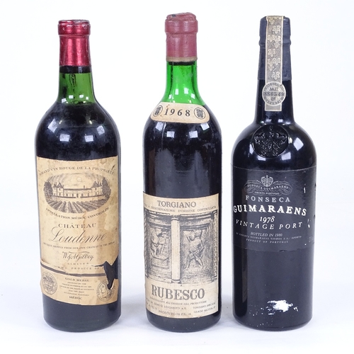 178 - A bottle of Chateau Loudenne Medoc, a bottle of Torgiano Rubesco 1968, and a bottle of Fonseca 1978 ... 