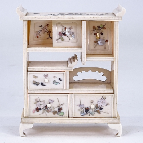 181 - A miniature Japanese ivory and Shibayama cabinet, Meiji Period, circa 1900, finely inlaid mother-of-... 