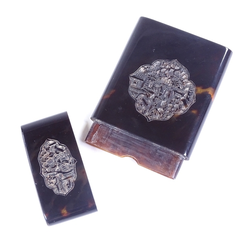 184 - A 19th century Chinese tortoiseshell card case, with relief carved panels, length 9.5cm