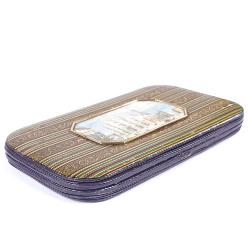 185 - A mid-19th century papier mache spectacle case, the colourful banded cover having an inset miniature... 