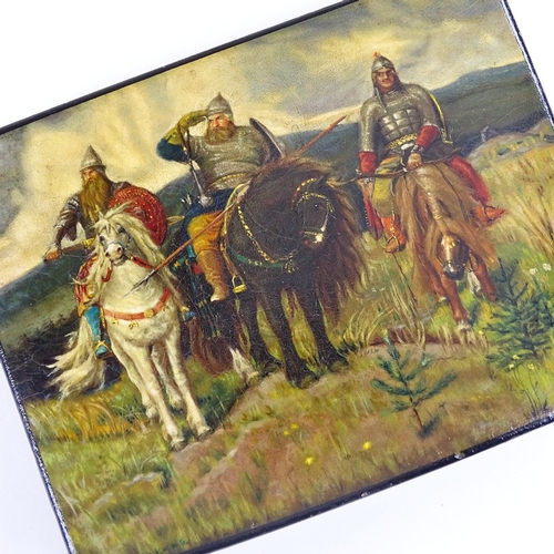 190 - A 19th century Russian box with hand painted lid, depicting 3 warriors on horseback, inscribed in Cy... 