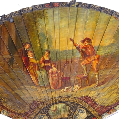 195 - A 19th century French Vernis Martin hand painted ivory fan, depicting Classical musicians (no ribbon... 