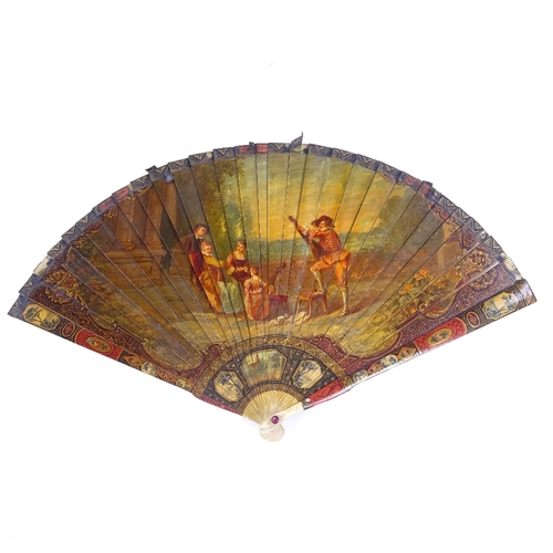 195 - A 19th century French Vernis Martin hand painted ivory fan, depicting Classical musicians (no ribbon... 