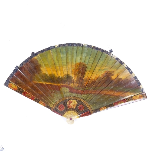 195 - A 19th century French Vernis Martin hand painted ivory fan, depicting Classical musicians (no ribbon... 