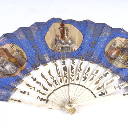 196 - A rare 19th century French bone fan, with spring-activated concealed vinaigrette in one guard stick,... 