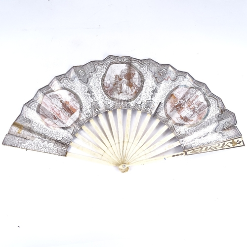 196 - A rare 19th century French bone fan, with spring-activated concealed vinaigrette in one guard stick,... 