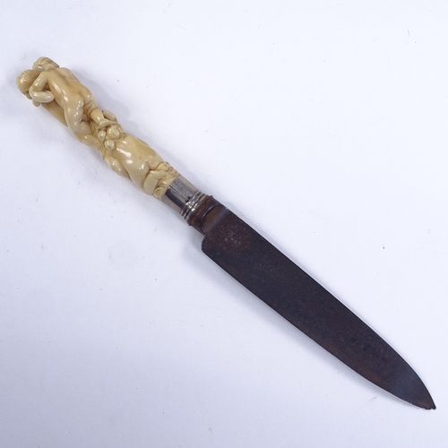 198 - A George III knife with carved ivory cherub design handle, length 18cm