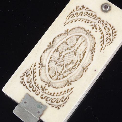 205 - A 19th century ivory aide memoire, with carved and pierced covers, and nickel plate mounts, 8cm x 4c... 