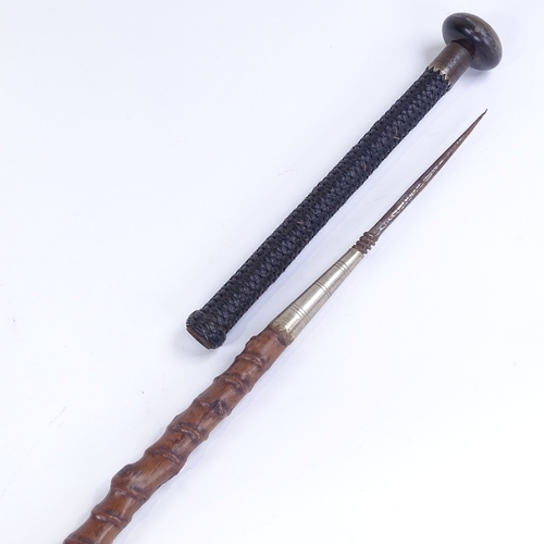 206 - A 19th century rootwood walking stick, with woven handle and horn end