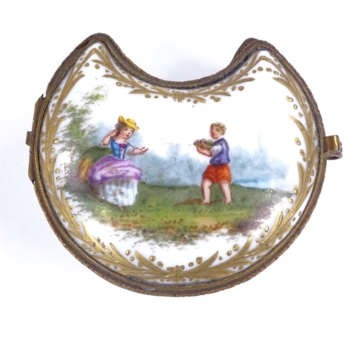 214 - A miniature German porcelain crescent-shaped trinket box, with painted and gilded decoration, 6cm ac... 