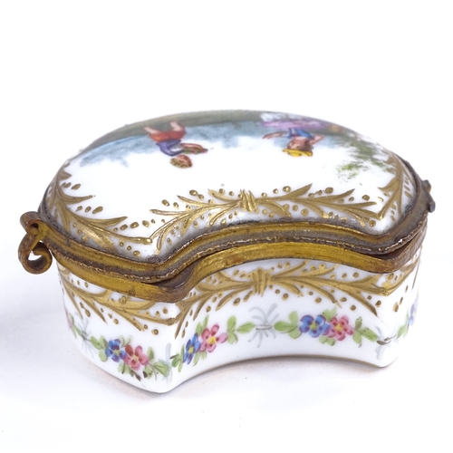 214 - A miniature German porcelain crescent-shaped trinket box, with painted and gilded decoration, 6cm ac... 