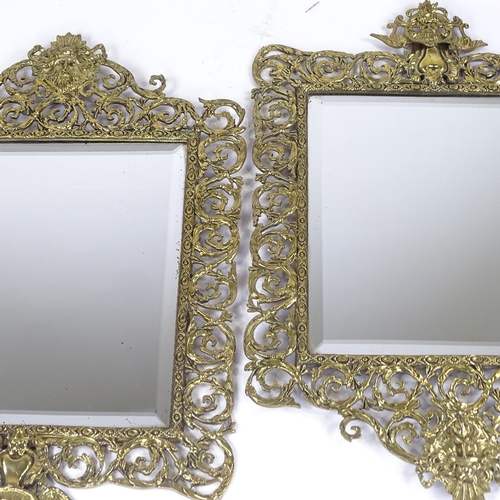 226 - A pair of Victorian cast brass-framed wall mirrors, pierced and embossed acanthus decorated frames, ... 