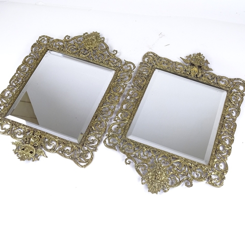 226 - A pair of Victorian cast brass-framed wall mirrors, pierced and embossed acanthus decorated frames, ... 