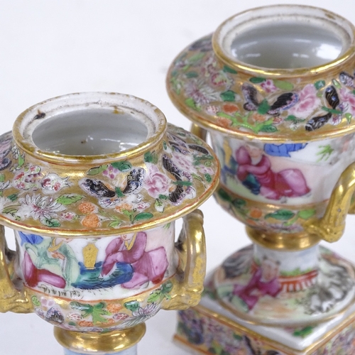 236 - A pair of 19th century Chinese porcelain miniature urns, painted and gilded enamel scenes, height 9c... 