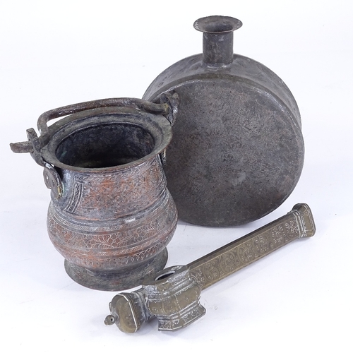 237 - A Chinese bronze scribe's case, an Islamic metal pot with swing handle, and a 19th century metal pil... 