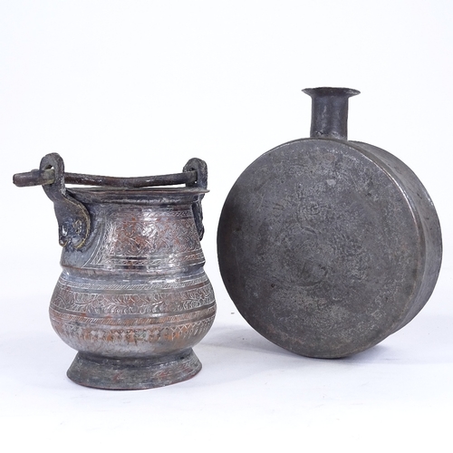 237 - A Chinese bronze scribe's case, an Islamic metal pot with swing handle, and a 19th century metal pil... 