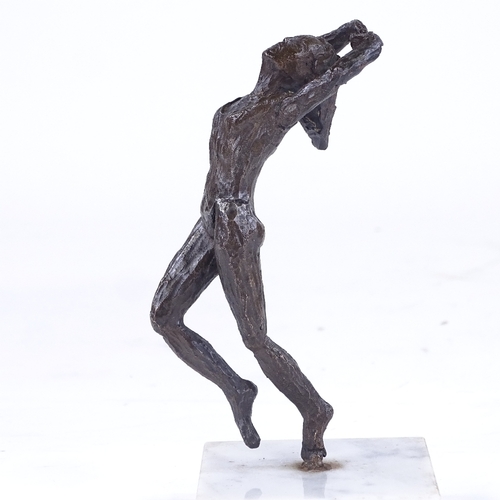 248 - A mid-20th century patinated bronze sculpture, ballet dancer, unsigned, on white marble base, overal... 