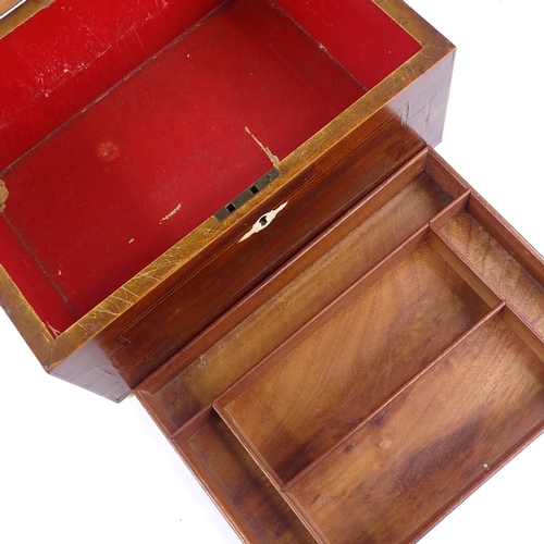 249 - A Georgian banded mahogany sewing box, on ivory feet, with tray fitted interior, width 33cm