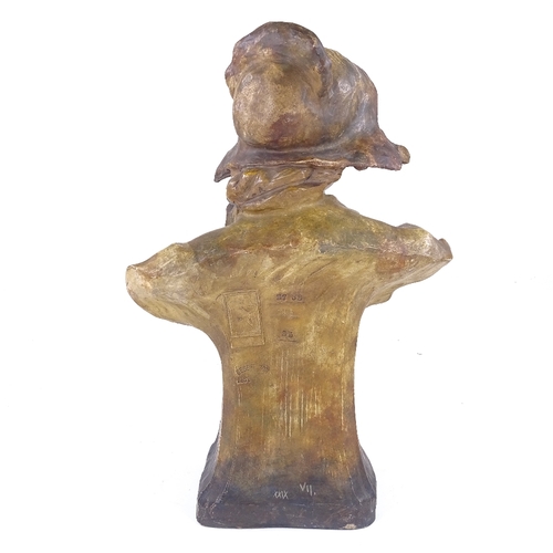 298 - GOLDSCHEIDER - painted pottery bust of a woman wearing a bonnet, signed Xarinoff, height 35cm