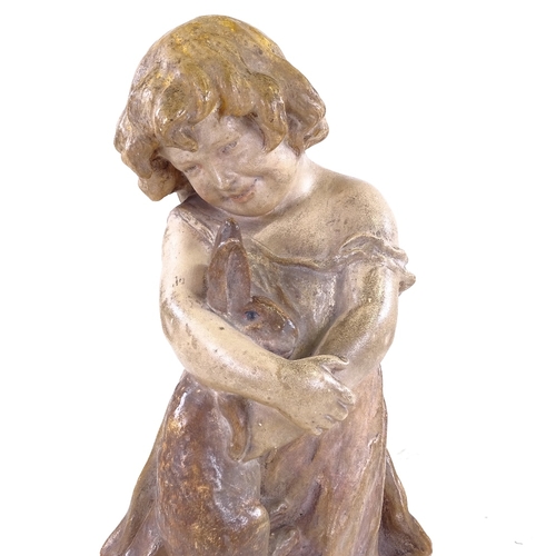 299 - GOLDSCHEIDER - pottery bust of a child holding a rabbit, signed E Tell, height 37cm