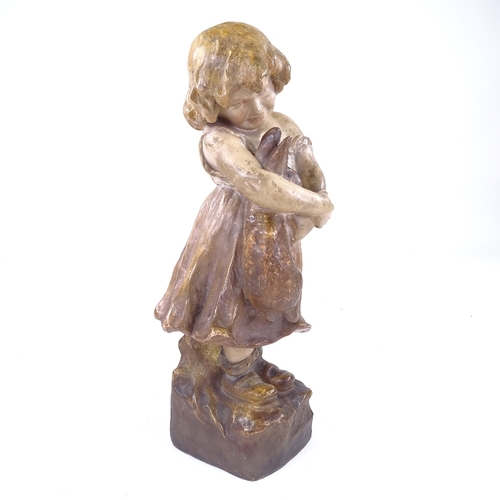 299 - GOLDSCHEIDER - pottery bust of a child holding a rabbit, signed E Tell, height 37cm