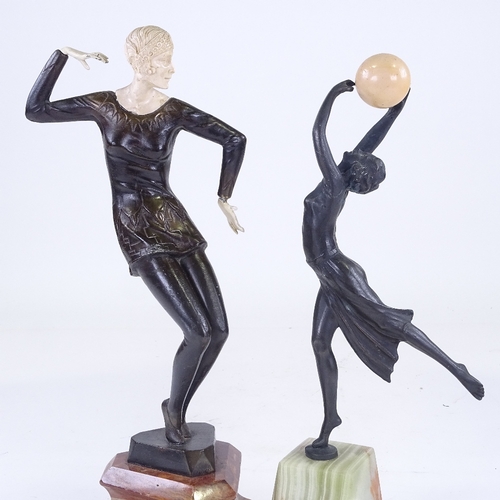 301 - 2 Art Deco style patinated bronze dancing figures on onyx and marble bases, largest height 36cm