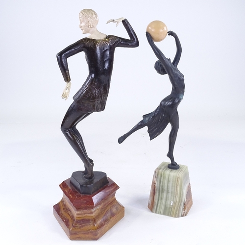 301 - 2 Art Deco style patinated bronze dancing figures on onyx and marble bases, largest height 36cm