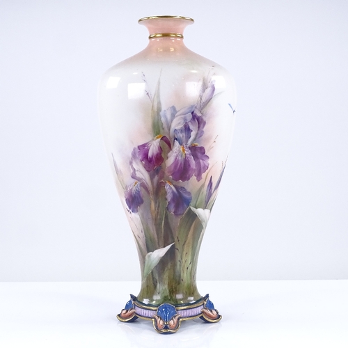 304 - A Hadley's Worcester porcelain vase, hand painted irises and dragonflies, 1900 - 1902, height 24cm