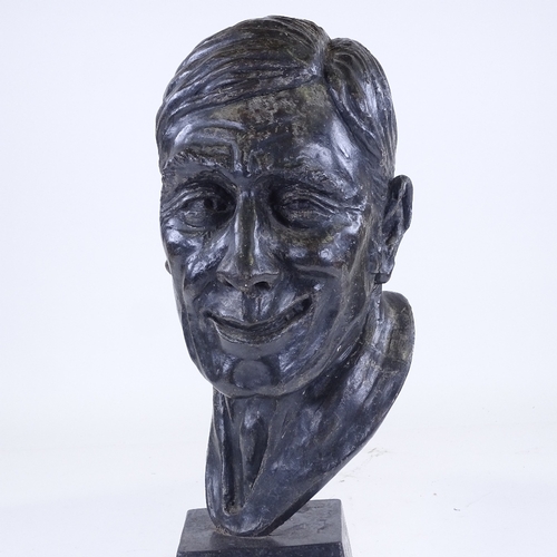 308 - A silver patinated plaster maquette head sculpture of a man, on marble base, unsigned, height 49cm