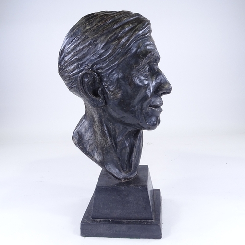 308 - A silver patinated plaster maquette head sculpture of a man, on marble base, unsigned, height 49cm