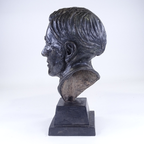 308 - A silver patinated plaster maquette head sculpture of a man, on marble base, unsigned, height 49cm