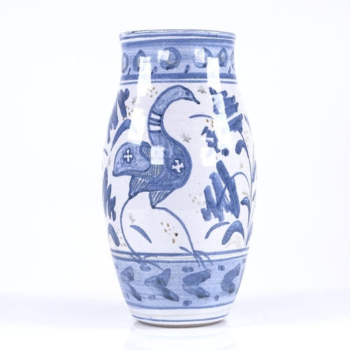 320 - British Studio pottery vase with hand painted blue and white decoration, unsigned, height 26cm