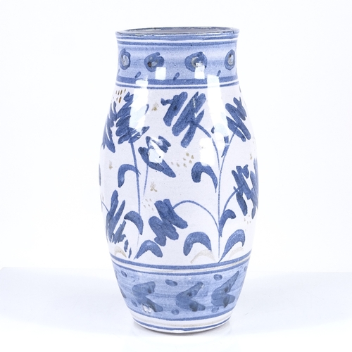 320 - British Studio pottery vase with hand painted blue and white decoration, unsigned, height 26cm