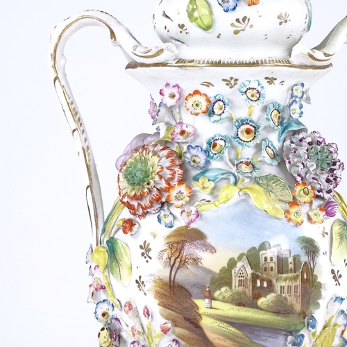 329 - A 19th century Coalbrookdale 2-handled vase and cover, with painted castle scene and encrusted with ... 