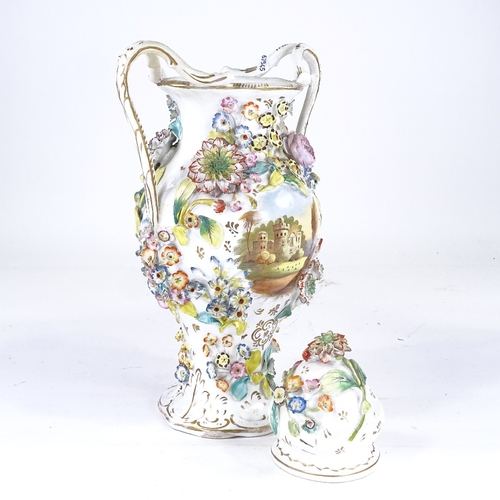 329 - A 19th century Coalbrookdale 2-handled vase and cover, with painted castle scene and encrusted with ... 