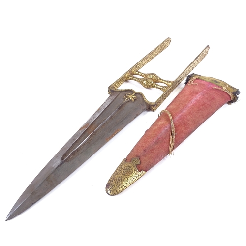 35 - A Middle Eastern katar knife, 18th or 19th century, elaborate gold damascene handle, with ridged gil... 