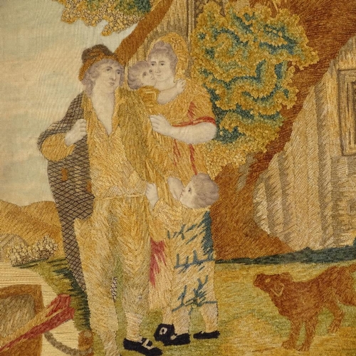 361 - A 19th century crewel embroidered picture, depicting a rural family, original gilt-gesso frame, over... 