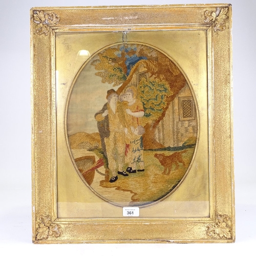 361 - A 19th century crewel embroidered picture, depicting a rural family, original gilt-gesso frame, over... 