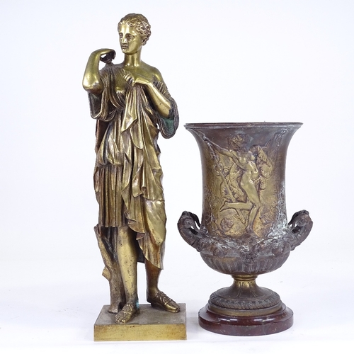 368 - A polished bronze Classical figure, probably early 20th century, height 42cm, and a relief cast bron... 