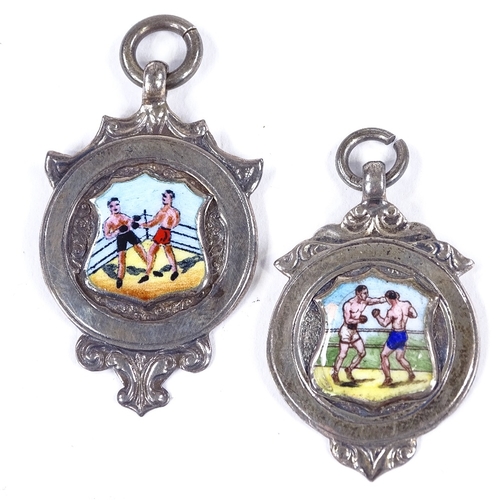 372 - 2 silver and enamel boxing medallion fobs, hallmarks 1935 and 1937