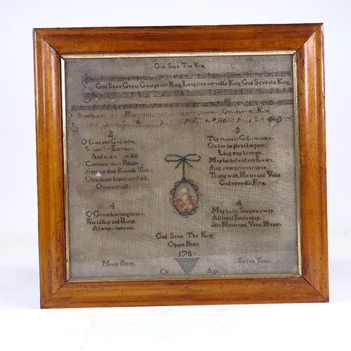 380 - A George III needlework sampler, God Save The King, by Mary Perry, aged 7 years, dated 1789, maple-f... 